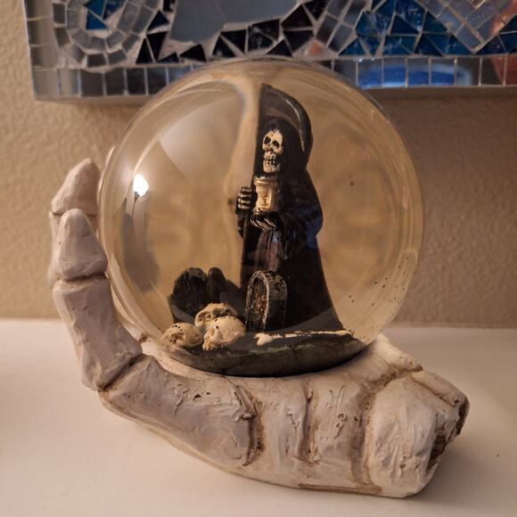 Angel of Death Grim Reaper Halloween Black Glitter Bats Skeleton Hand Snow Globe - Picture 2 of 5